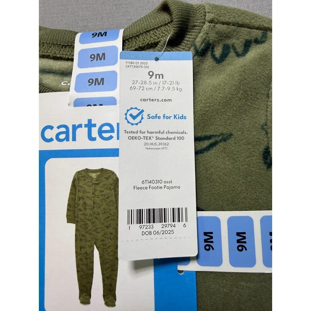 NWT Carter's Fleece Footie Pajama Toddlers 9M Green Animal Print Casual Wear